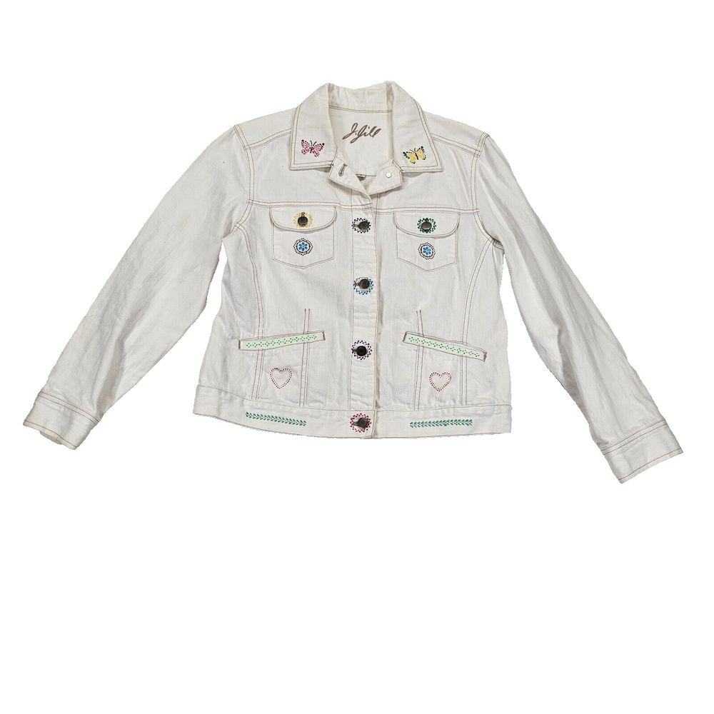 J. Jill Women's M White Cotton Denim Jean Jacket Buttons Down Cropped Hand Paint